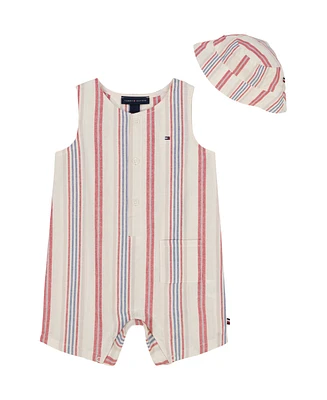 Tommy Hilfiger Baby Boy 2-Piece Striped Gauze Sleeveless Romper Bucket Hat Set