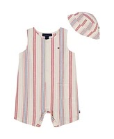 Tommy Hilfiger Baby Boy 2-Piece Striped Gauze Sleeveless Romper Bucket Hat Set