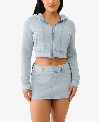 True Religion Women's Washed Raw Edge Big T Hoodie Sweatshirt