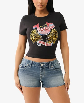 True Religion Women's Ss Crystal Tiger Baby Crewneck T-Shirt