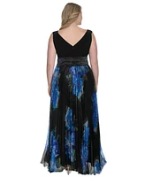 Eliza J Plus V-Neck Printed Pleated Organza Gown