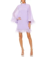 Mac Duggal Women's High Neck Cape Sleeve Mini Dress with Feather Trim