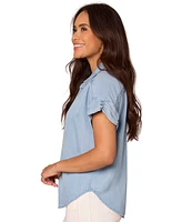 Democracy Petite Ruched-Sleeve Quarter-Button Collared Top