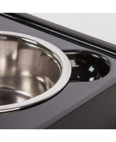 Iris Usa 2-in-1 Elevated Dog Bowls 6" H with Airtight Pet Food Storage Container 5 Lbs, 16 oz Stainless Steel Bowls, Smoke/Black