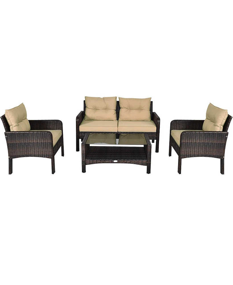Costway 4PCS Patio Rattan Furniture Set Loveseat Sofa Coffee Table Garden W/Red Cushion