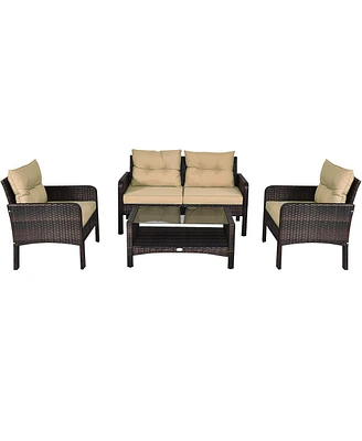 Costway 4PCS Patio Rattan Furniture Set Loveseat Sofa Coffee Table Garden W/Red Cushion