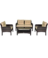 Costway 4PCS Patio Rattan Furniture Set Loveseat Sofa Coffee Table Garden W/Red Cushion