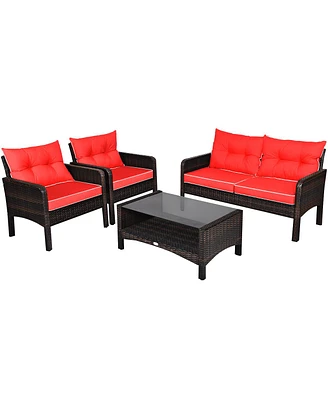 Costway 4PCS Patio Rattan Furniture Set Loveseat Sofa Coffee Table Garden W/Red Cushion