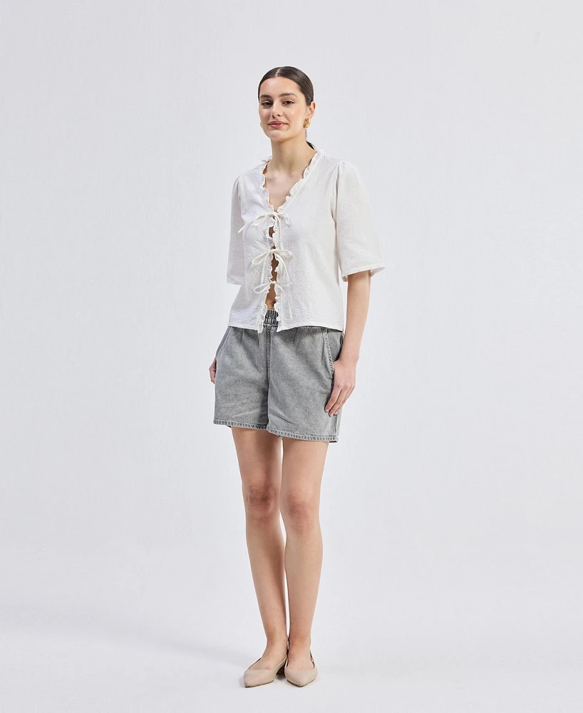 Reistor Women's Relaxed Fit Top With Ruffles and Front-Ties White