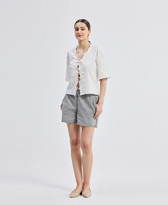 Reistor Women's Relaxed Fit Top With Ruffles and Front-Ties White