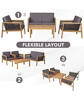 Gymax Piece Patio Pe Rattan Conversation Set Acacia Wood Furniture Set w/ Cushions