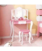 Kid's Wooden Vanity Table and Stool Set with 3-Panel Acrylic Mirror