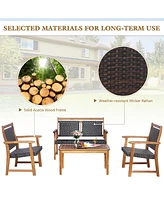 Gymax 4 Piece Outdoor Acacia Wood Furniture Set Patio Rattan Conversation Set w/ Table