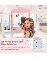 Kids Princess Vanity Table and Stool Set with Tri-folding Mirror and Drawer