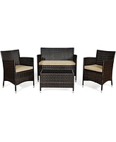 Gymax Set of 4 Outdoor Patio Rattan Conversation Furniture Set w/ Cushion Table