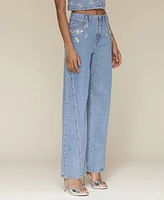 Avec Les Filles Women's Rhinestone-Trim Hollywood-Waist Wide-Leg Jeans