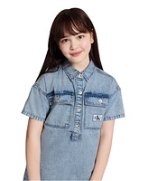 Calvin Klein Big Girls Short Sleeve Patch Pocket Denim Shirt Dress
