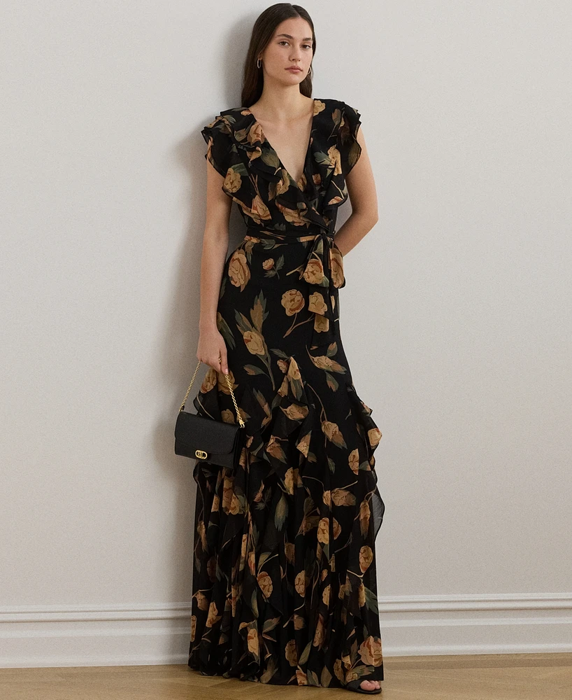 Lauren Ralph Women's Floral Ruffle-Trim Georgette Gown