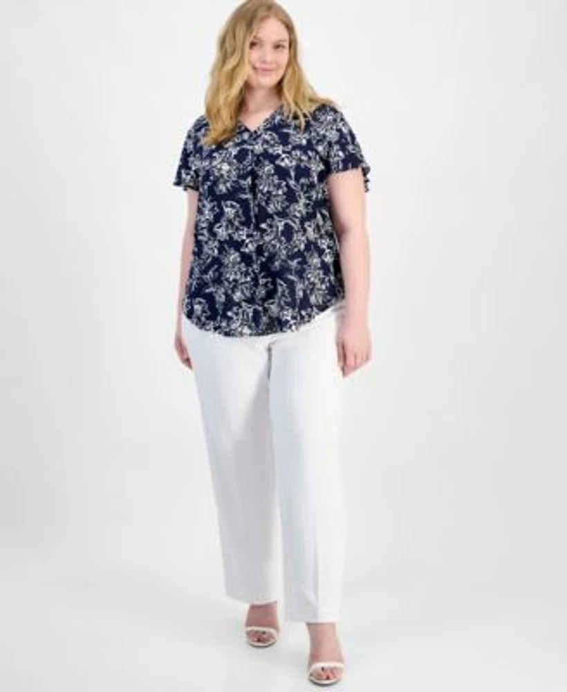 Ak Anne Klein Plus Size Flutter Sleeve Top Crepe Pull On Pants