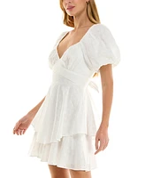 Crystal Doll Juniors' Embroidered Eyelet Puff-Sleeve Dress