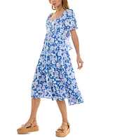 Crystal Doll Juniors' Floral-Print Bow-Back Puff-Sleeve Woven Dress