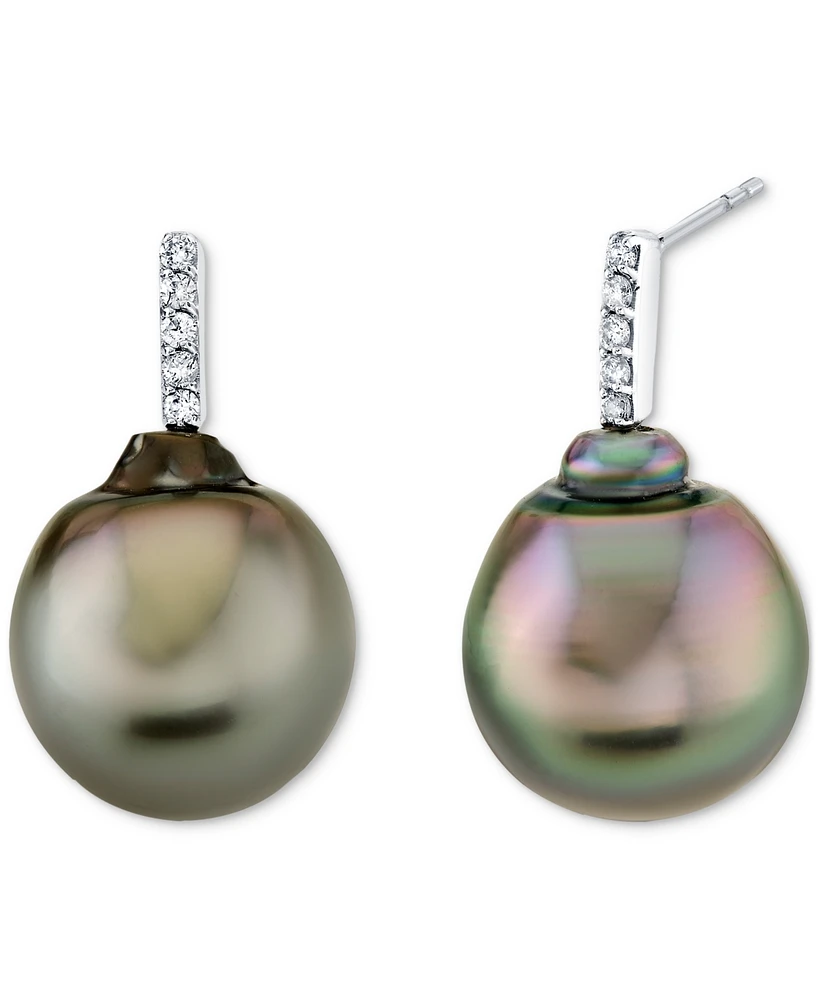 Baroque Cultured Tahitian Pearl (12 mm) & Diamond Accent Drop Earrings in 14k White Gold
