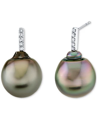 Baroque Cultured Tahitian Pearl (12 mm) & Diamond Accent Drop Earrings in 14k White Gold