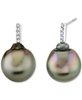 Baroque Cultured Tahitian Pearl (12 mm) & Diamond Accent Drop Earrings in 14k White Gold