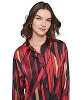 Karl Lagerfeld Paris Women's Oversized Geo-Printed Satin Button-Front Top
