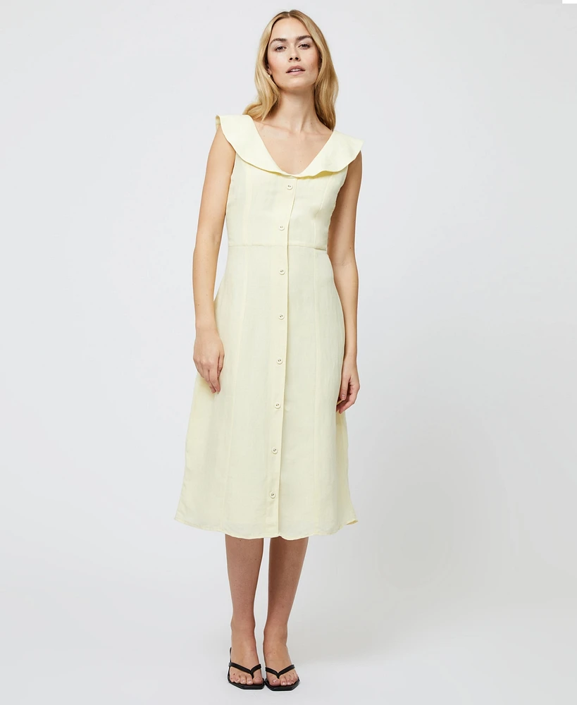 French Connection Women's Birdie Butter Yellow Linen Collared Midi Dress
