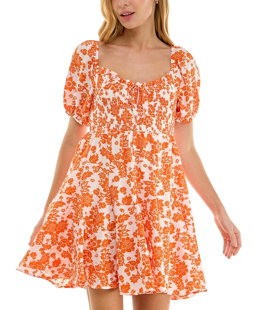 Crystal Doll Juniors' Smocked Short-Sleeve Babydoll Dress