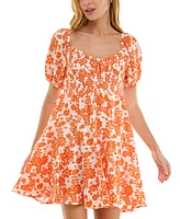 Crystal Doll Juniors' Smocked Short-Sleeve Babydoll Dress