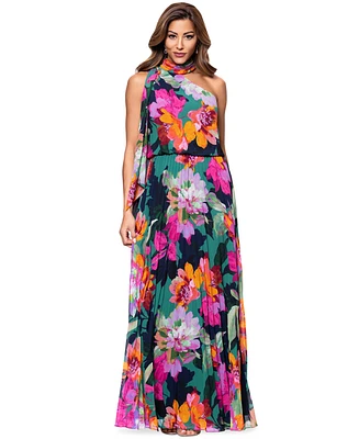 Xscape Women's Pleated Floral Chiffon Scarf Dress