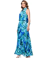 Xscape Women's Printed Pleated Chiffon Maxi Dress