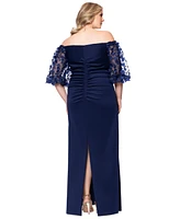 Xscape Plus 3D Floral-Sleeve Off-The-Shoulder Dress