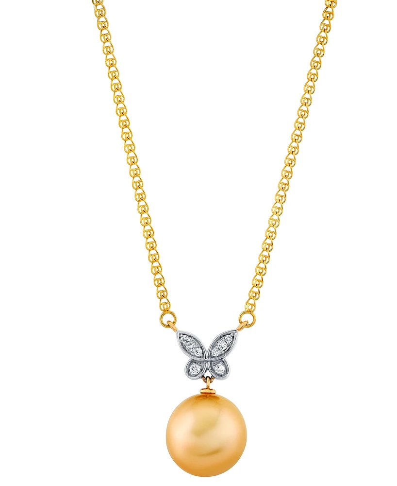 Baroque Cultured Golden South Sea Pearl (11mm) & Diamond Accent Butterfly 16" Pendant Necklace in 14k Yellow Gold