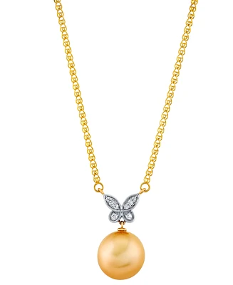 Baroque Cultured Golden South Sea Pearl (11mm) & Diamond Accent Butterfly 16" Pendant Necklace in 14k Yellow Gold