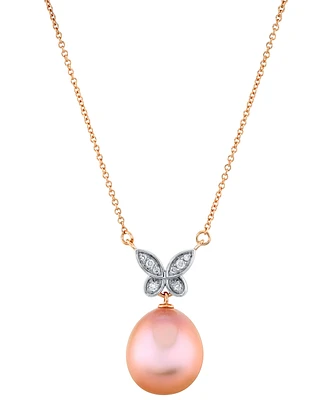 Pink Baroque Cultured Freshwater Pearl (11mm) & Diamond Accent Butterfly 18" Pendant Necklace In 14k Rose Gold