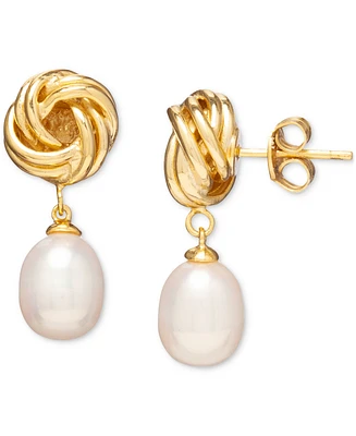 Baroque Cultured Freshwater Pearl (8x10mm) Knot Drop Earrings in 18k Gold-Plated Sterling Silver