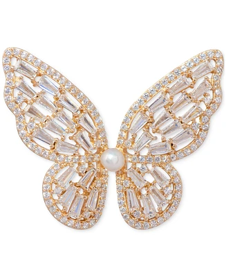 Cultured Freshwater Pearl (3mm) & Cubic Zirconia Butterfly Brooch in 18k Gold-Plated Sterling Silver