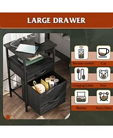 Wlive Nightstand Set of 2 with Charging Station, End Table with 2 Fabric Drawers for Storage, Small Bedroom Dresser, Side Table for Living Room