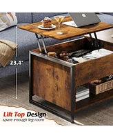 Wlive Lift Top Coffee Table with Storage,Hidden Compartment and Open Shelf,Living Room Tables with Metal Mesh Door Cabinet for Home, Office,Rustic Bro