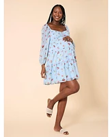 Motherhood Maternity Long Sleeve Front Tie Tiered Mini Dress