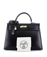 Pre-Owned Hermes Kelly Handbag Black Box Calf with Gold Hardware