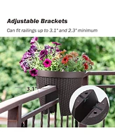 Aoodor 12'' Balcony Rattan Pattern Railing Planter Box with Drainage Holes and Adjustable Brackets for Outdoor Garden Patio,Deck,Fence Set of 4