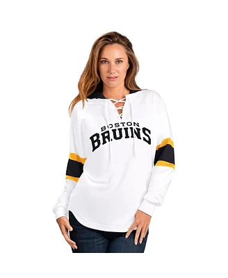 G-iii 4Her by Carl Banks Women's White Boston Bruins Goal Zone Long Sleeve Lace-Up Hoodie T-Shirt