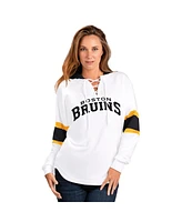 G-iii 4Her by Carl Banks Women's White Boston Bruins Goal Zone Long Sleeve Lace-Up Hoodie T-Shirt