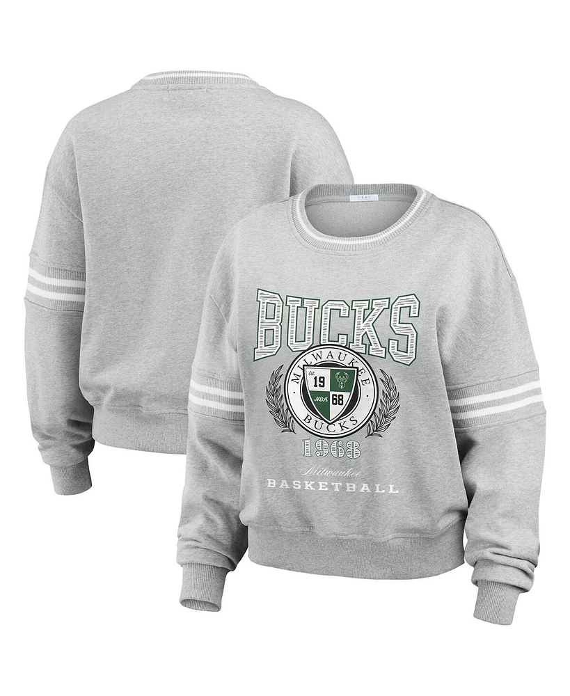 Wear by Erin Andrews Women's Heather Gray Milwaukee Bucks French Terry Pullover Sweatshirt