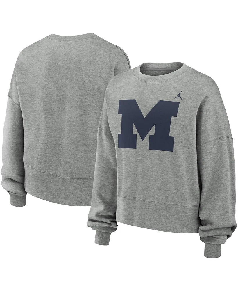 Jordan Women's Heather Gray Michigan Wolverines Essential Fleece Oversized Logo Pullover Sweatshirt