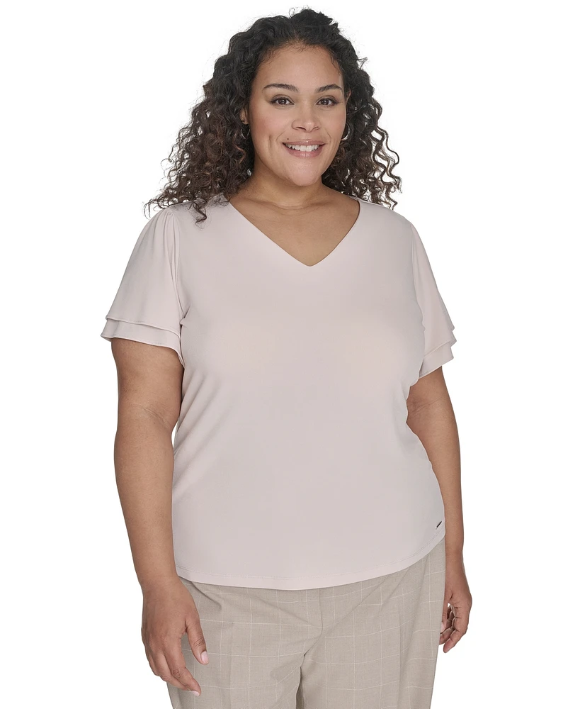 Calvin Klein Plus Solid V-Neck Double-Ruffle Top